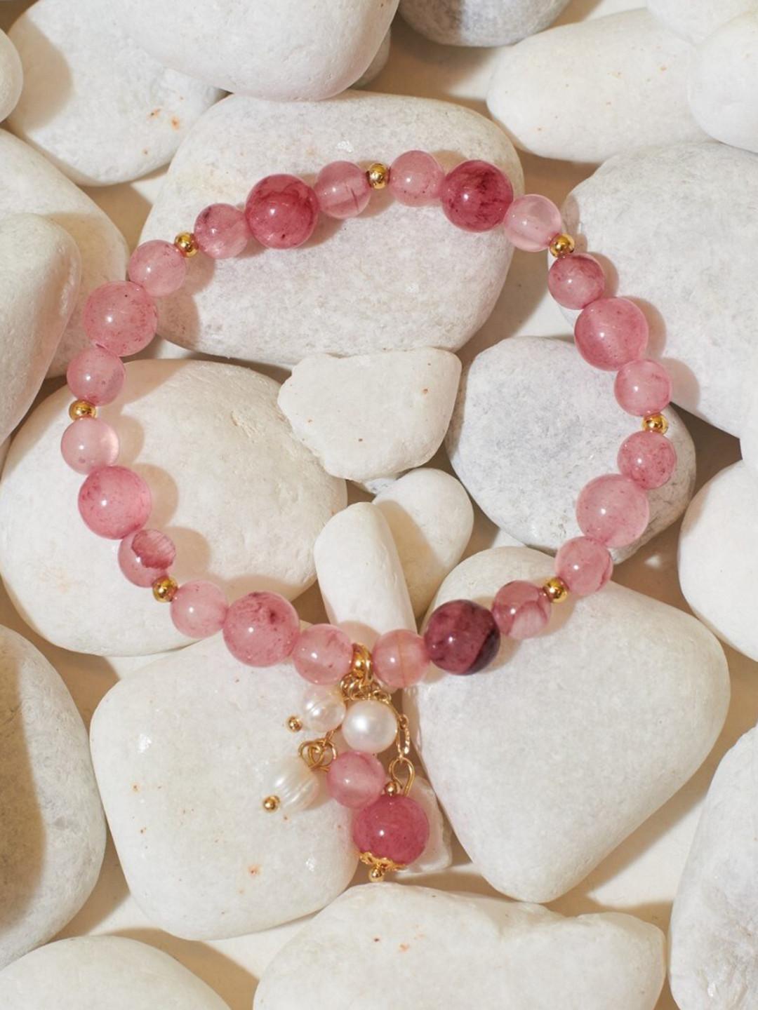 

DressBerry Pink Beaded Elasticated Bracelet, Gold
