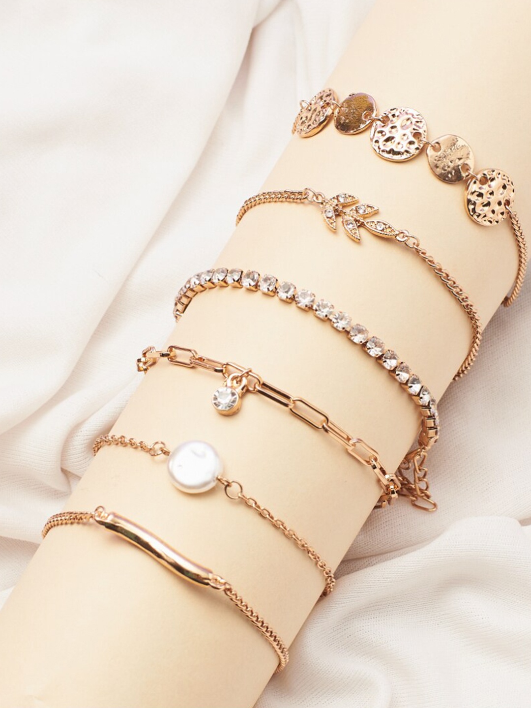 

DressBerry White Set Of 6 Women Stone Studded Wraparound Bracelet, Gold