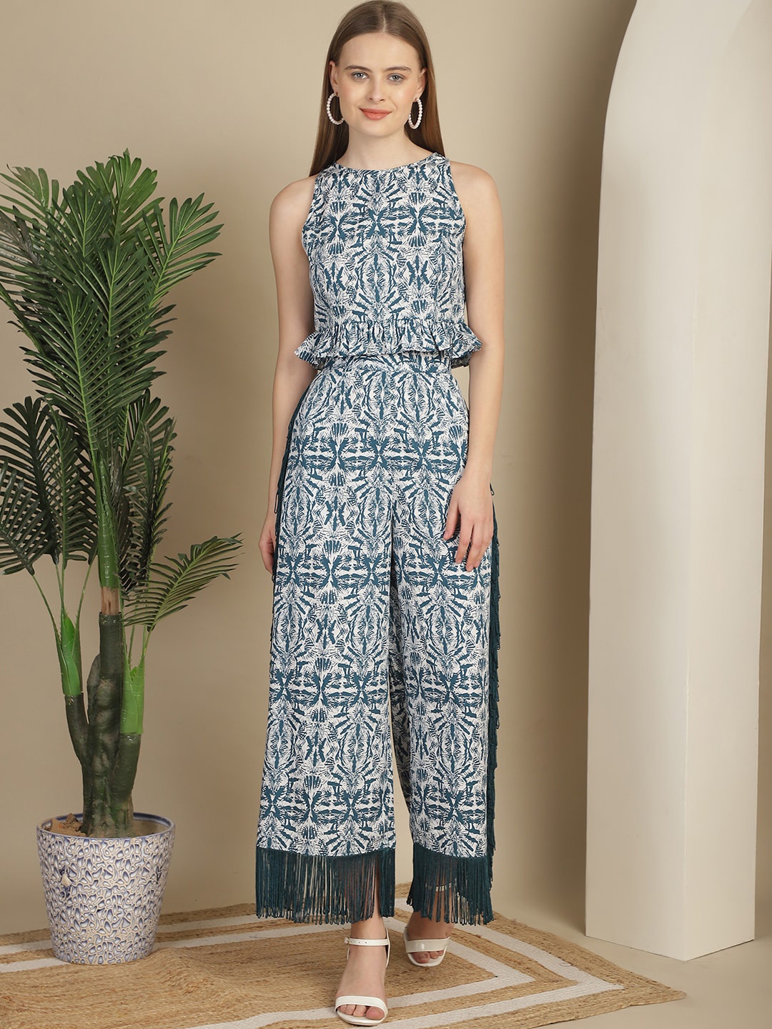 

BLANC9 Printed Sleeveless Top With Trouser Co-Ords, Teal