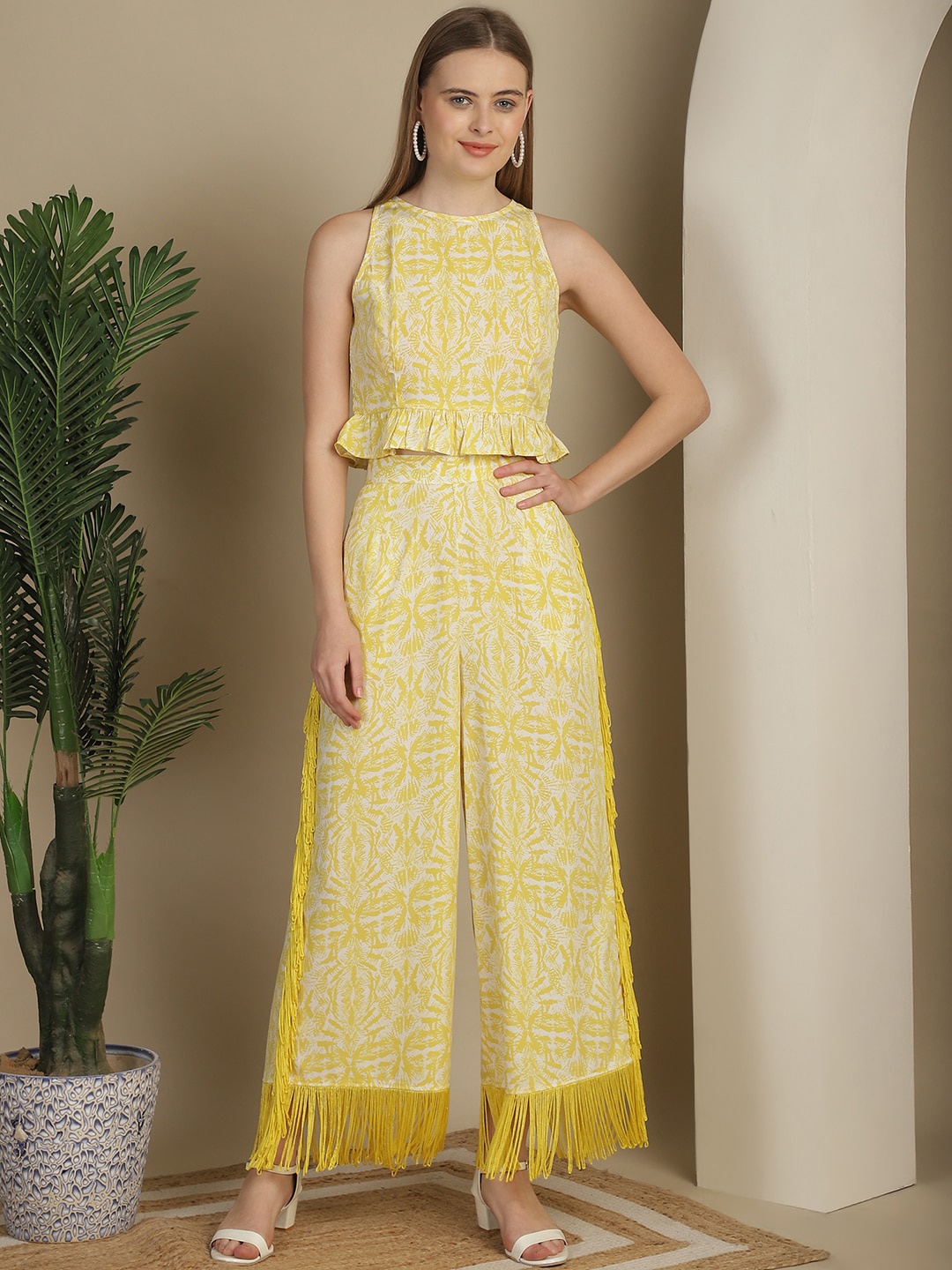 

BLANC9 Printed Sleeveless Top With Trouser Co-Ords, Yellow