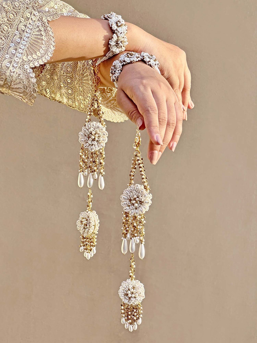 

D'oro Set Of 2 Beaded Bridal Layered Kaleeras, White