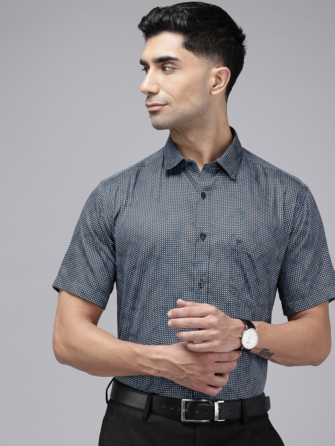 

V Dot Slim Fit Opaque Polka Dot Printed Pure Cotton Formal Shirt, Navy blue