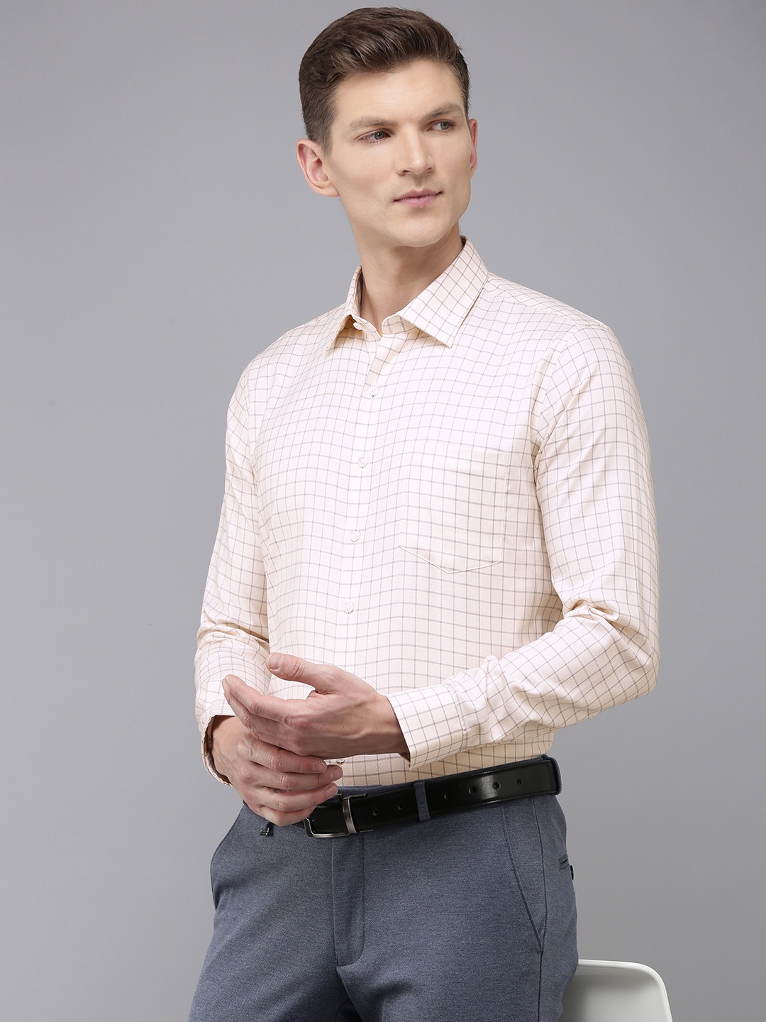 

Van Heusen Pure Cotton Slim Fit Checked Formal Shirt, Cream