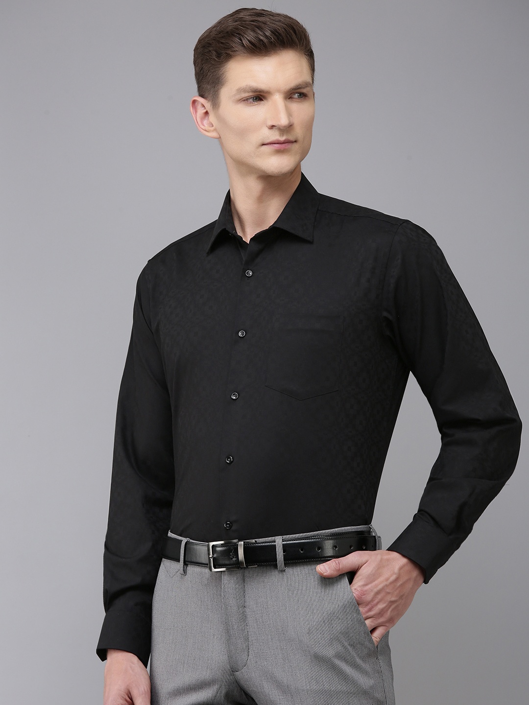 

Van Heusen Self Design Textured Custom Opaque Formal Shirt, Black