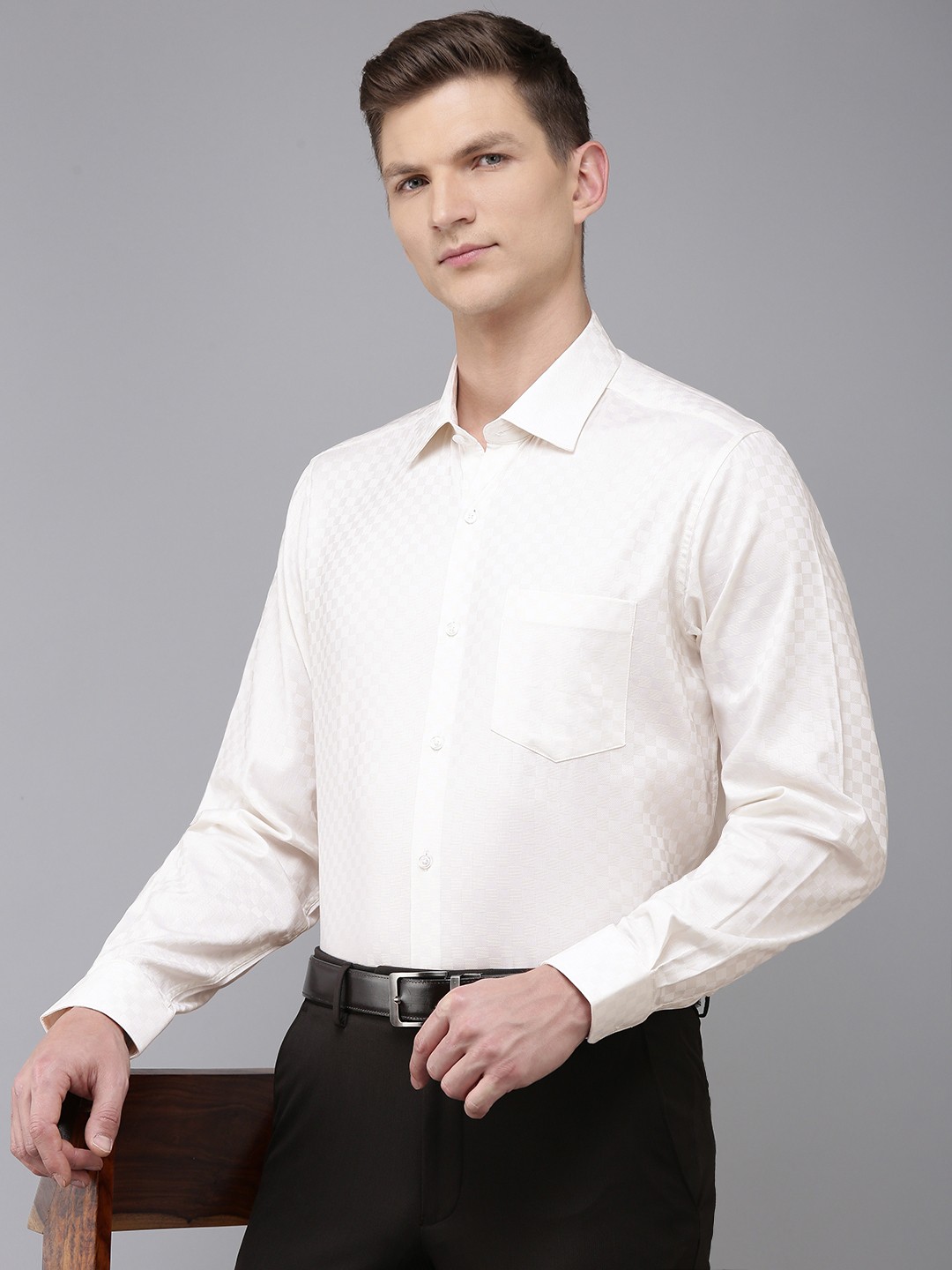 

Van Heusen Custom Fit Grid Tattersall Checks Self Design Formal Shirt, Cream