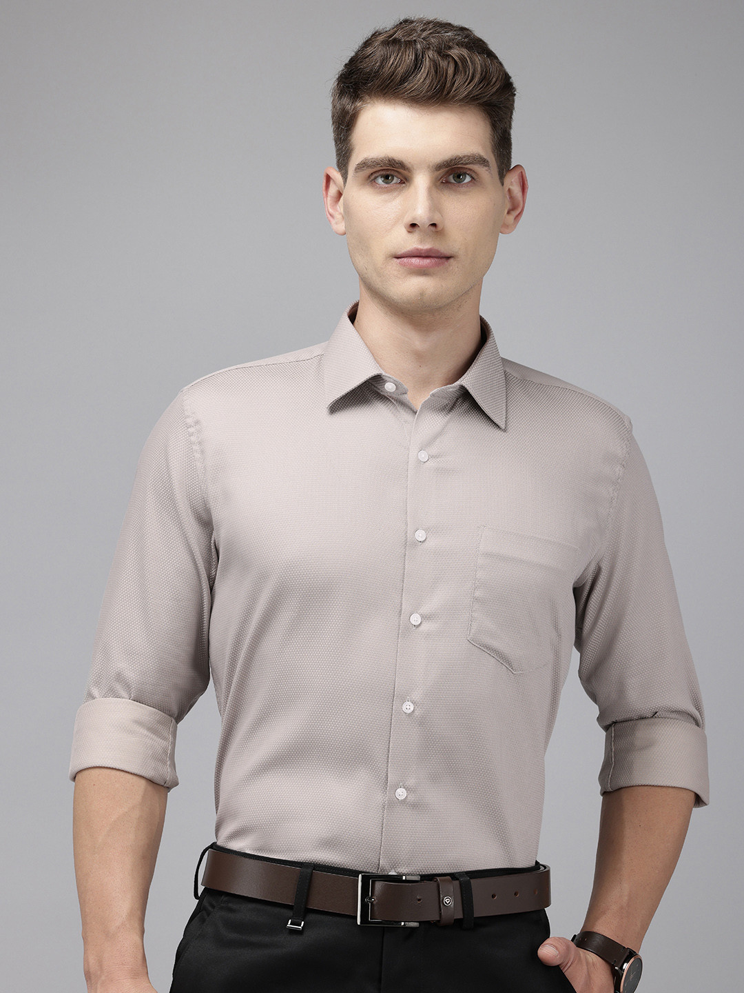 

Van Heusen Men Textured Slim Fit Pure Cotton Formal Shirt, Taupe