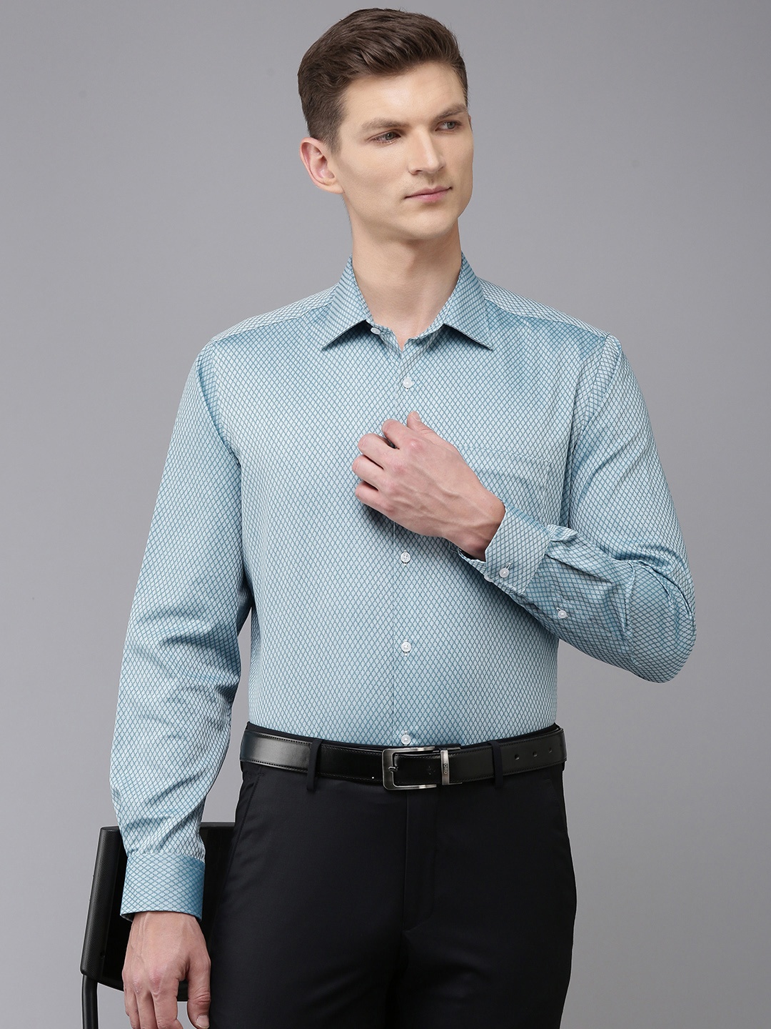 

Van Heusen Pure Cotton Self Design Textured Custom Formal Shirt, Teal