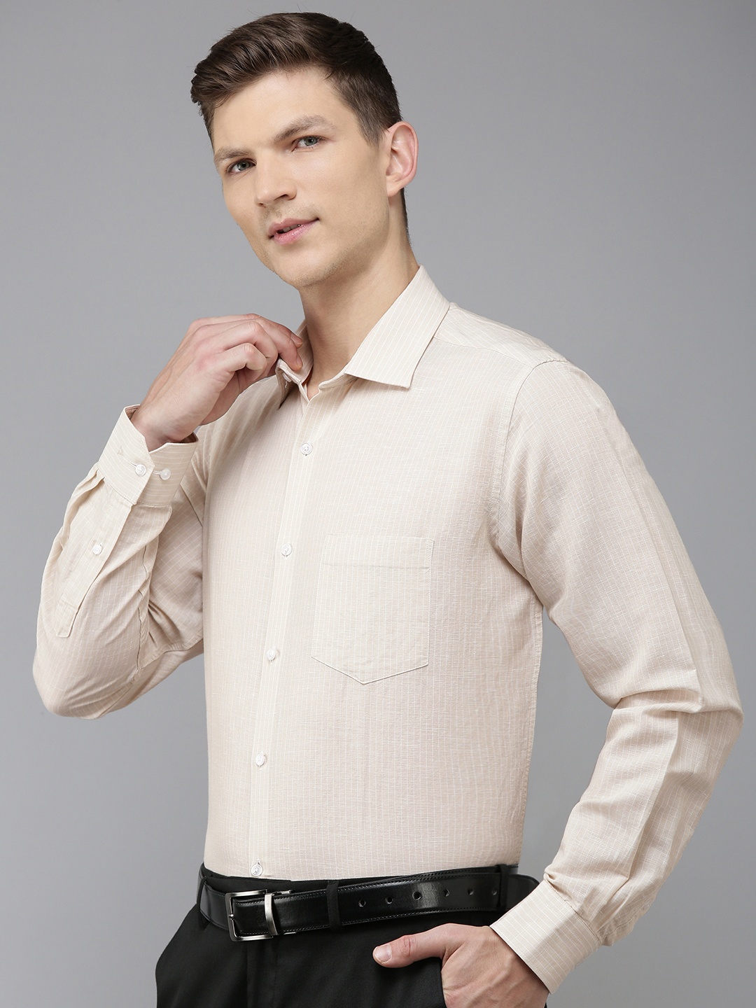 

Van Heusen Linen Cotton Custom Striped Formal Shirt, Beige