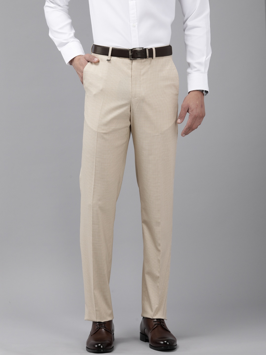 

Van Heusen Men Checked Custom Fit Formal Trousers, Beige