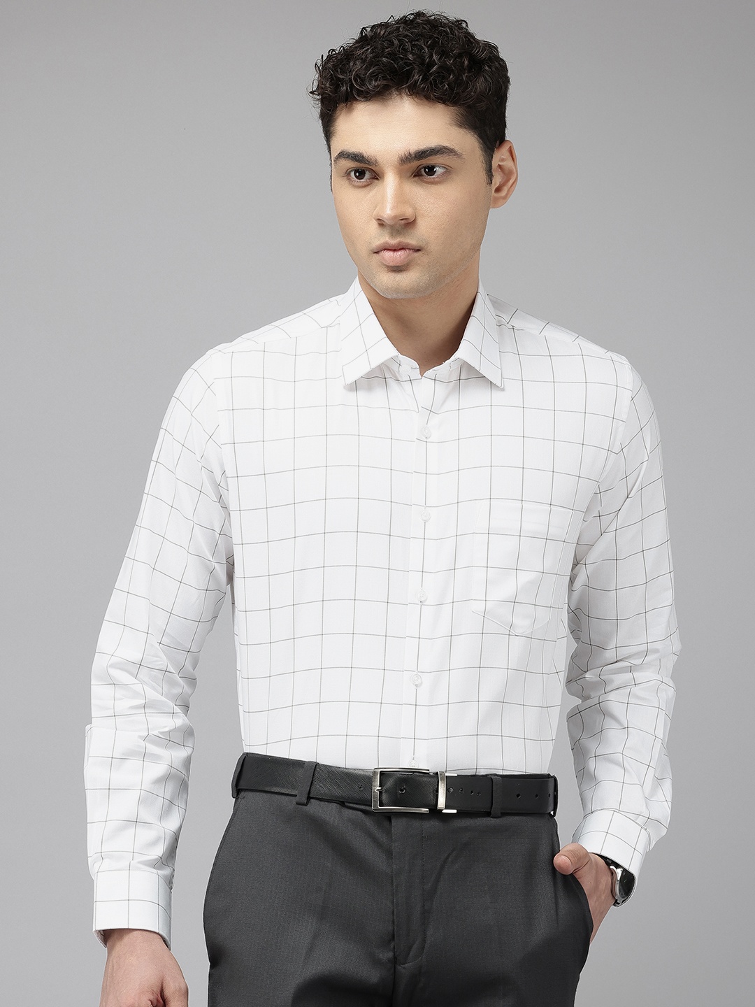 

Van Heusen Pure Cotton Slim Fit Windowpane Checks Opaque Formal Shirt, White
