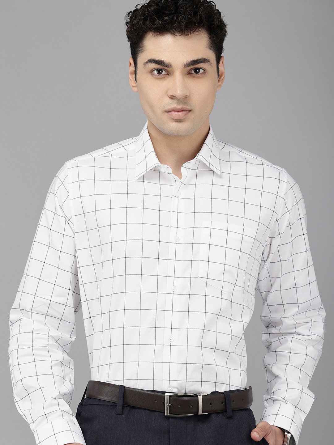 

Van Heusen Pure Cotton Custom Windowpane Checks Opaque Checked Formal Shirt, White