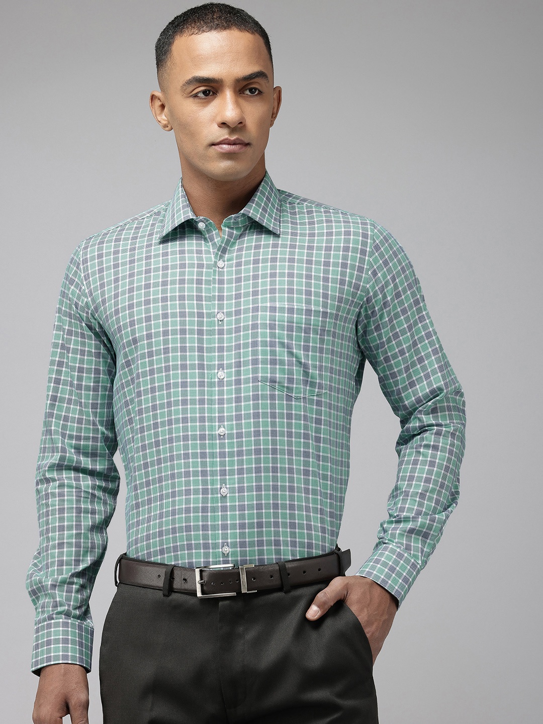 

Van Heusen Pure Cotton Slim Fit Checked Formal Shirt, Green