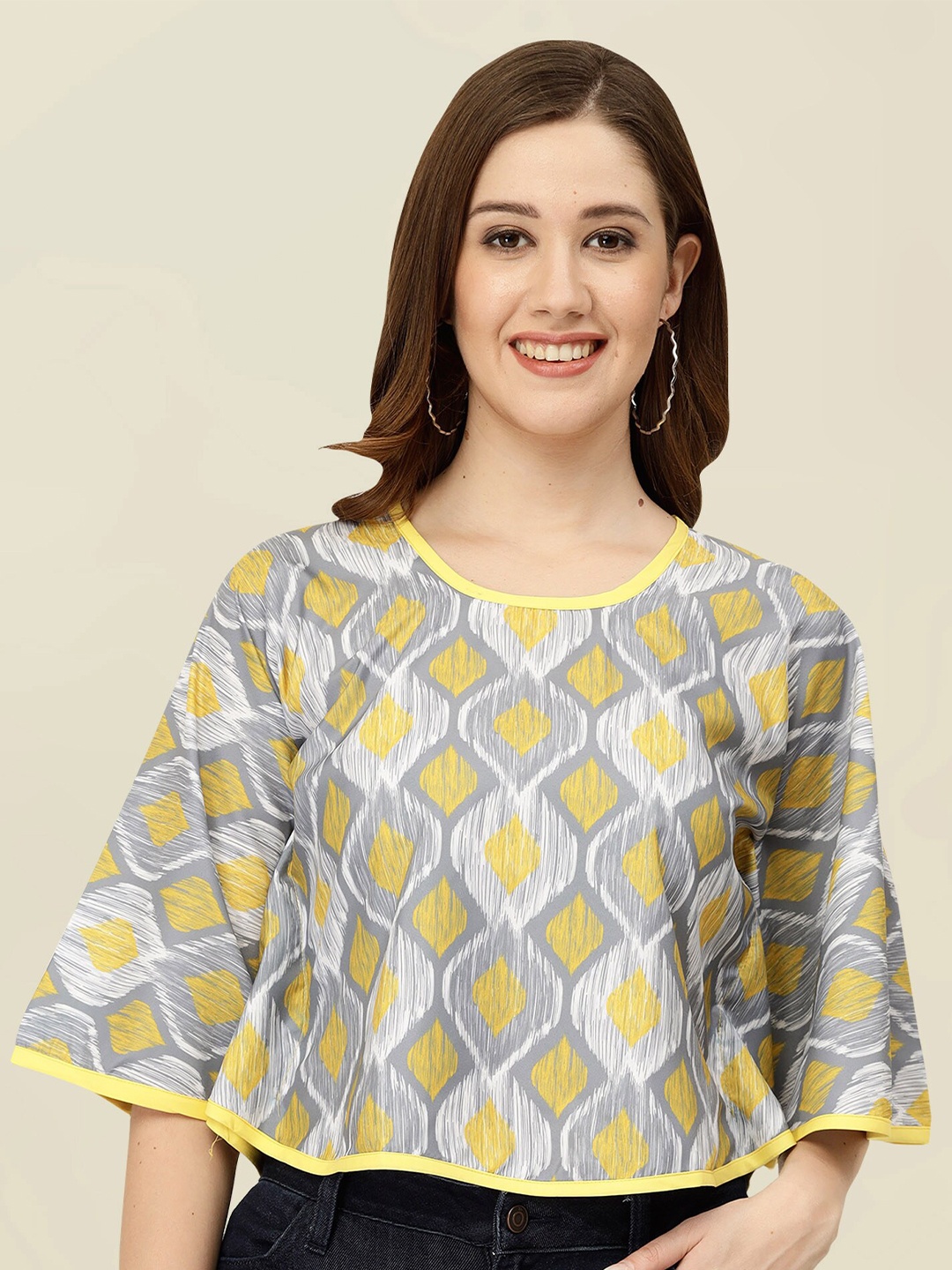 

MISS AYSE Geometric Printed Flared Sleeve Top, Yellow