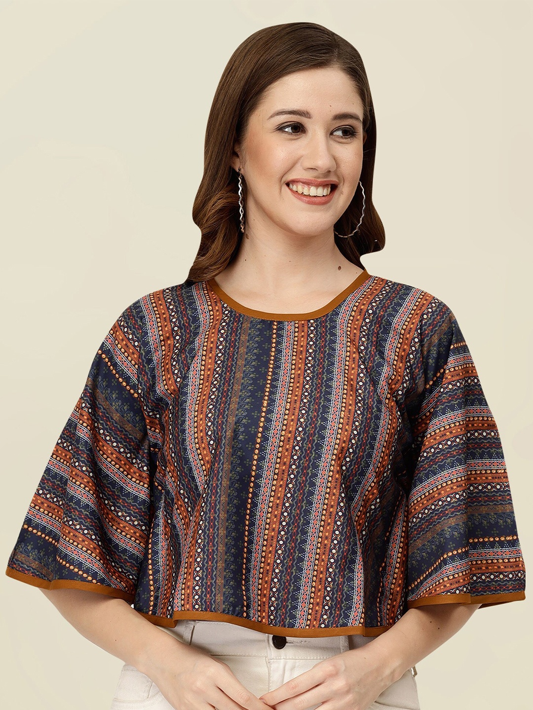 

MISS AYSE Geometric Printed Flared Sleeve Top, Brown