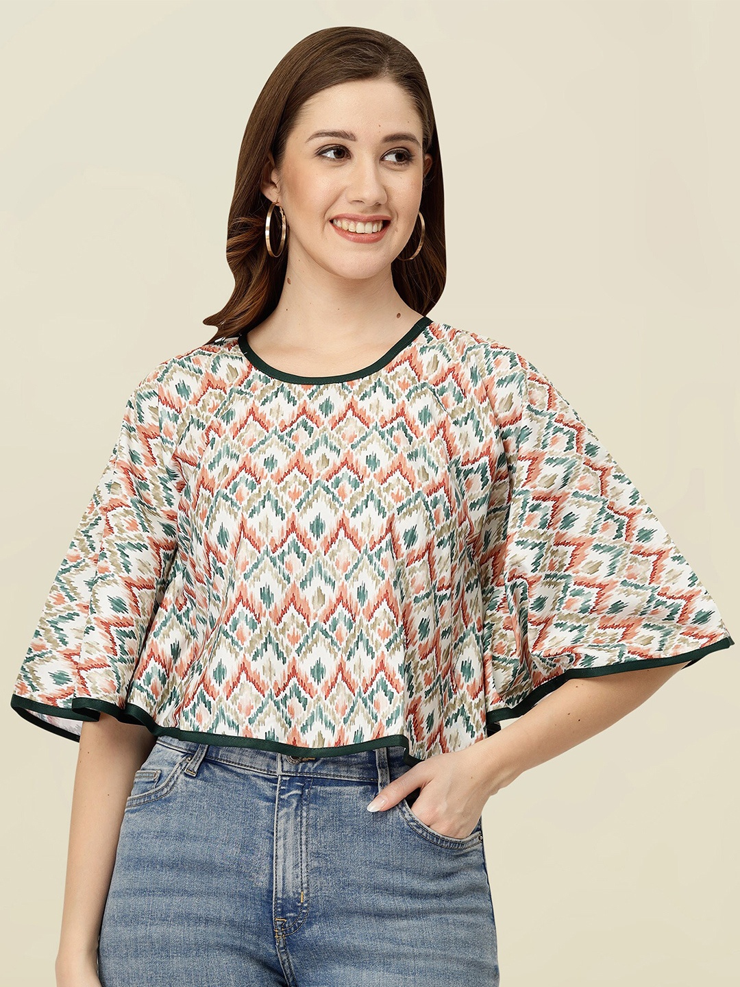 

MISS AYSE Geometric Print Crepe Round Neck Flared Sleeve Applique Casual Top, Green