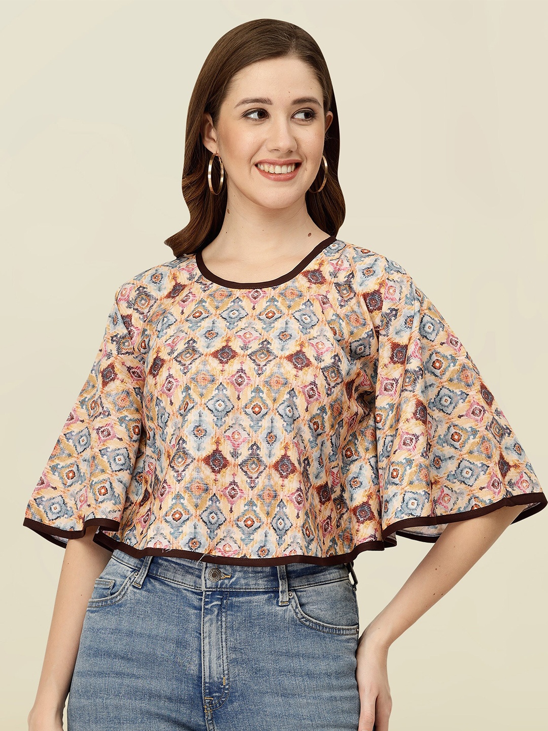 

MISS AYSE Ethnic Motifs Print Round Neck Flared Sleeve Applique Casual Crop Top, Grey