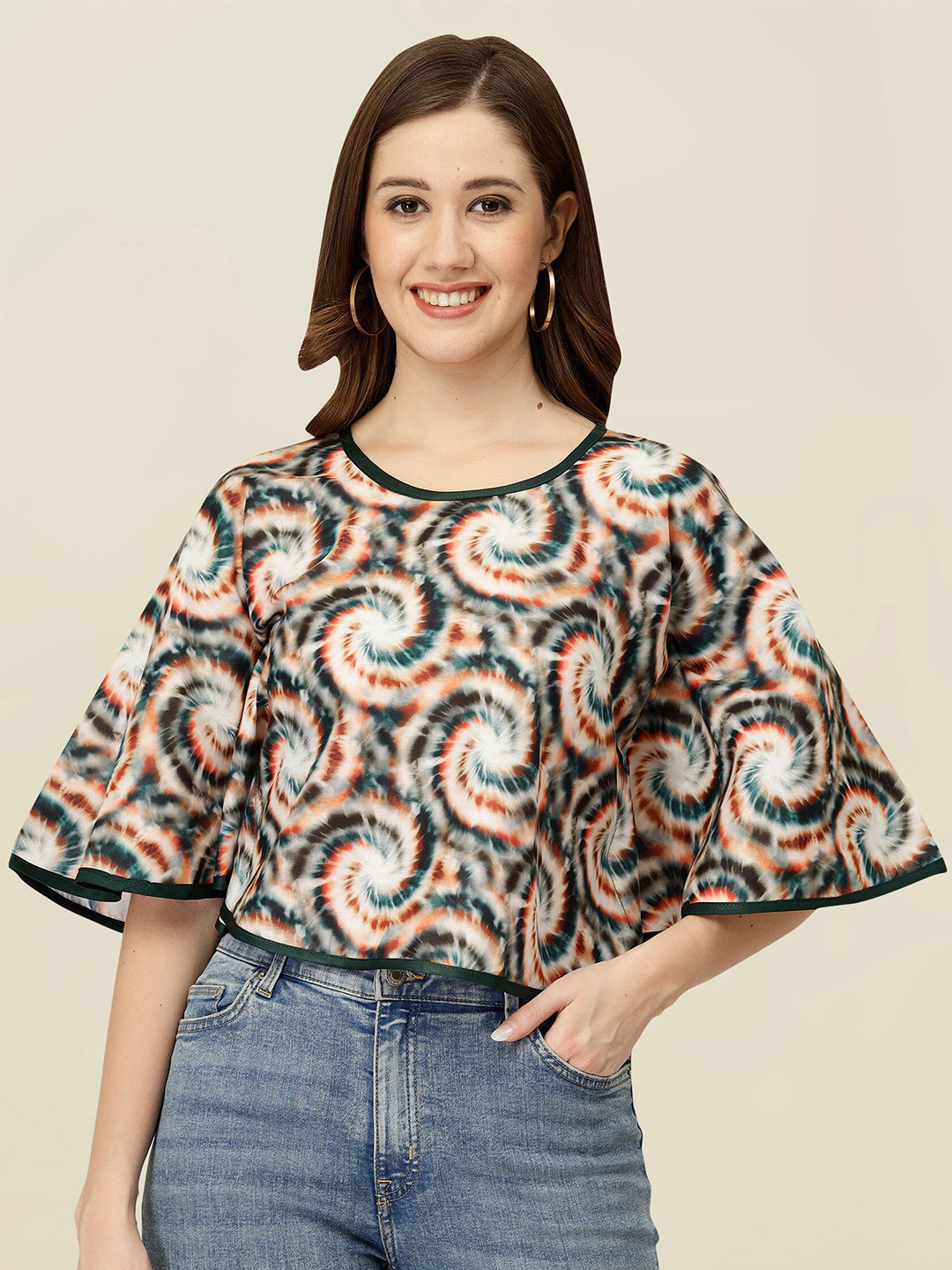 

MISS AYSE Floral Printed Round Neck Flared Sleeve Top, Red