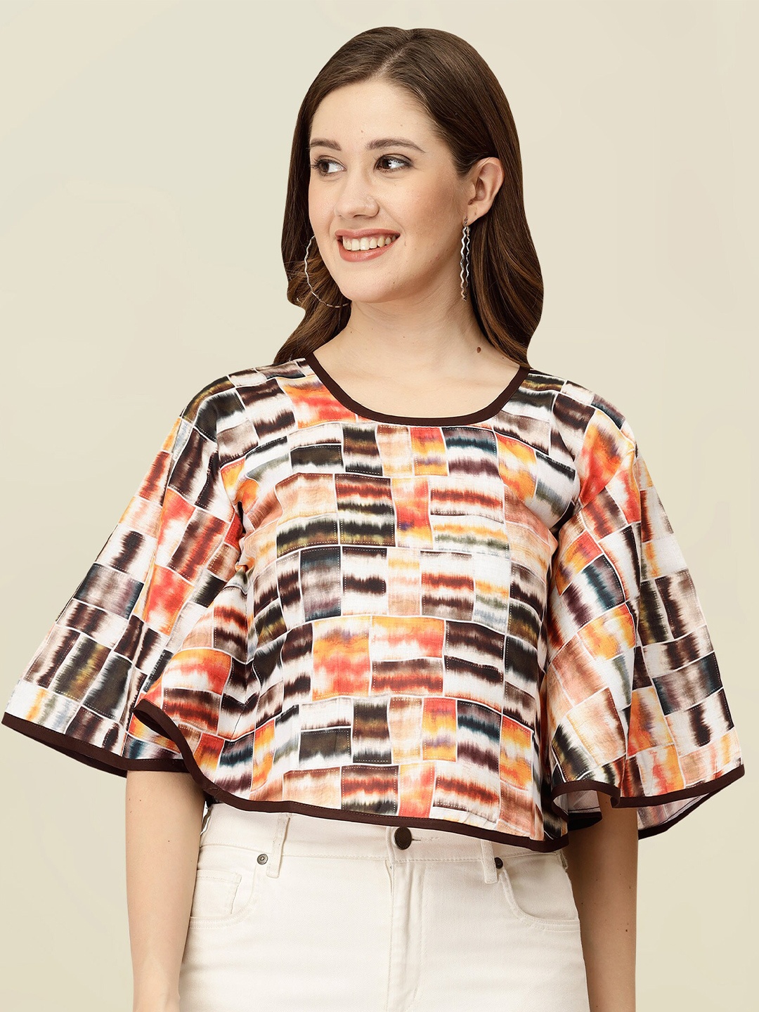 

MISS AYSE Printed Cape Sleeve Crop Top, Brown