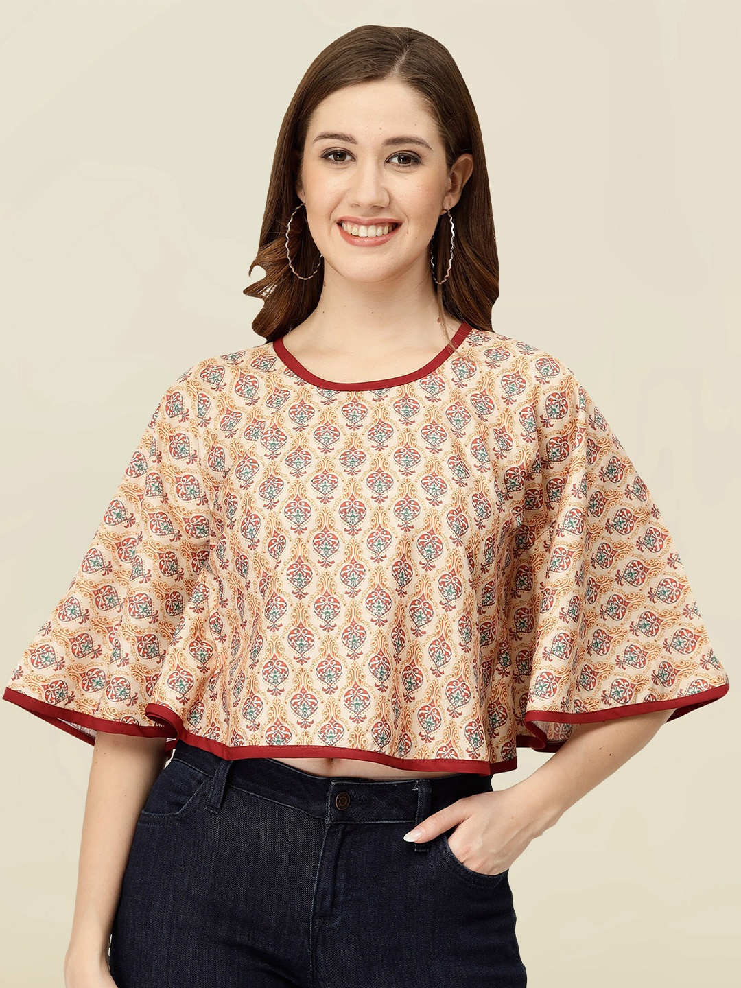 

MISS AYSE Ethnic Motifs Print Crepe Round Neck Flared Sleeve Applique Casual Crop Top, Cream