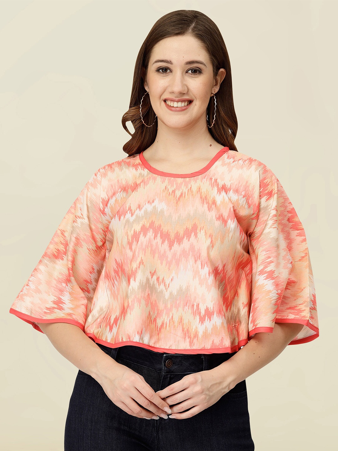 

MISS AYSE Tie And Dye Round Neck Flared Sleeve Applique Casual Crop Top, Orange