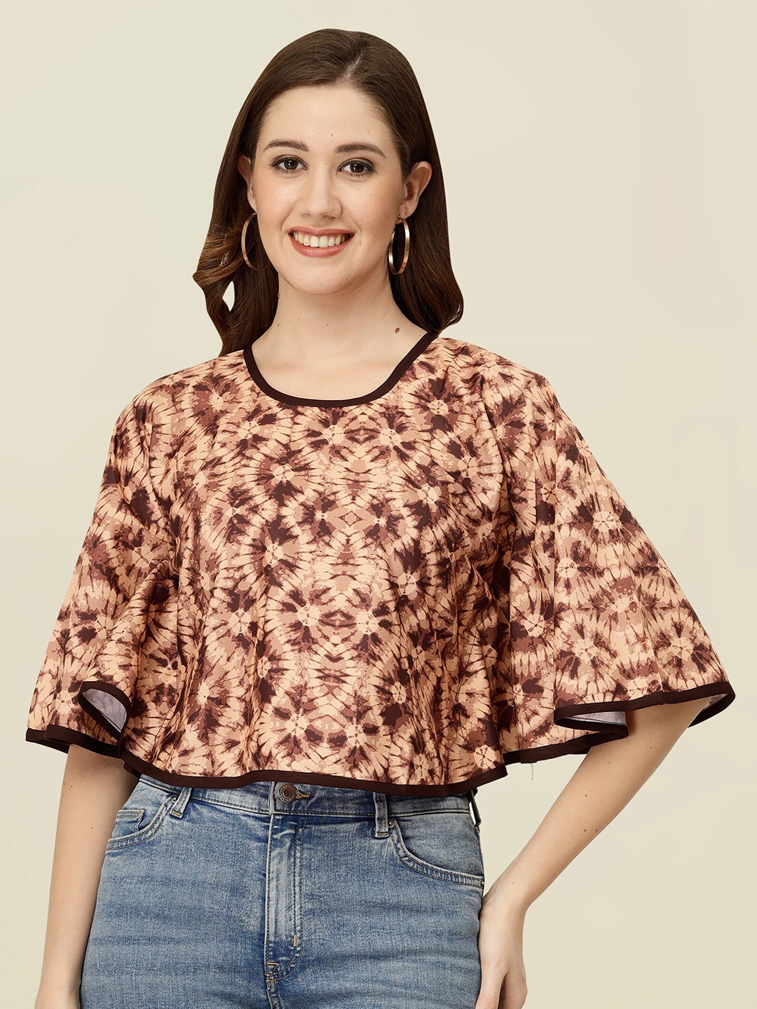 

MISS AYSE Floral Print Round Neck Flared Sleeve Applique Casual Crop Top, Cream