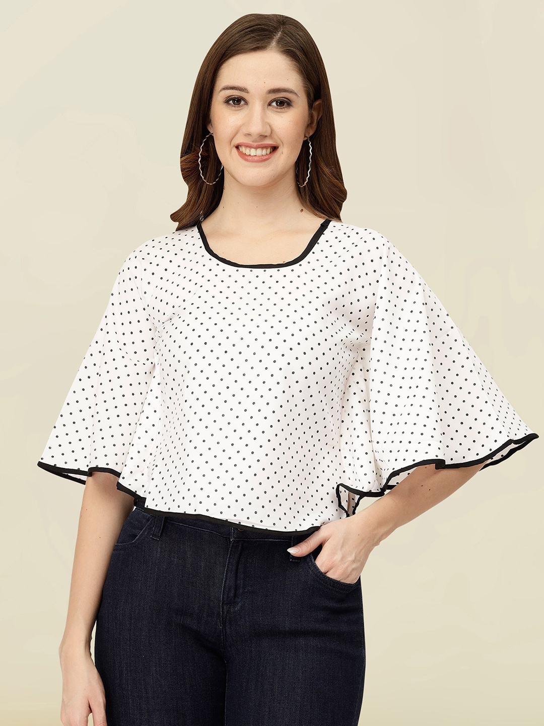 

MISS AYSE Polka Dot Printed Flared Sleeve Top, White