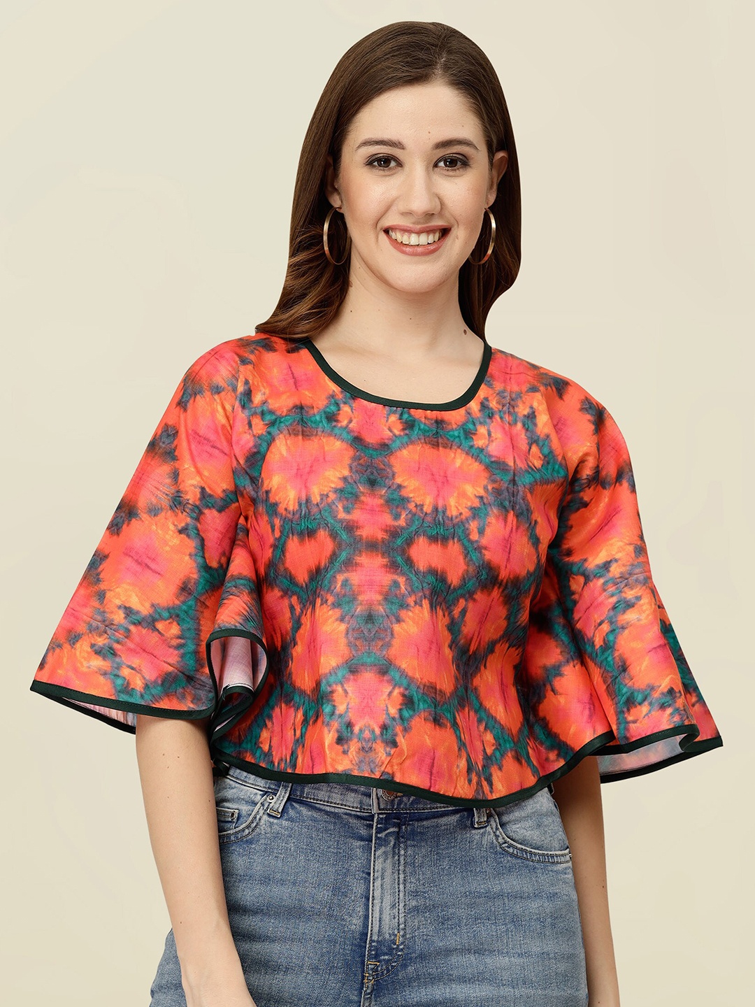 

MISS AYSE Floral Print Crepe Flared Sleeve Applique Casual Top, Orange