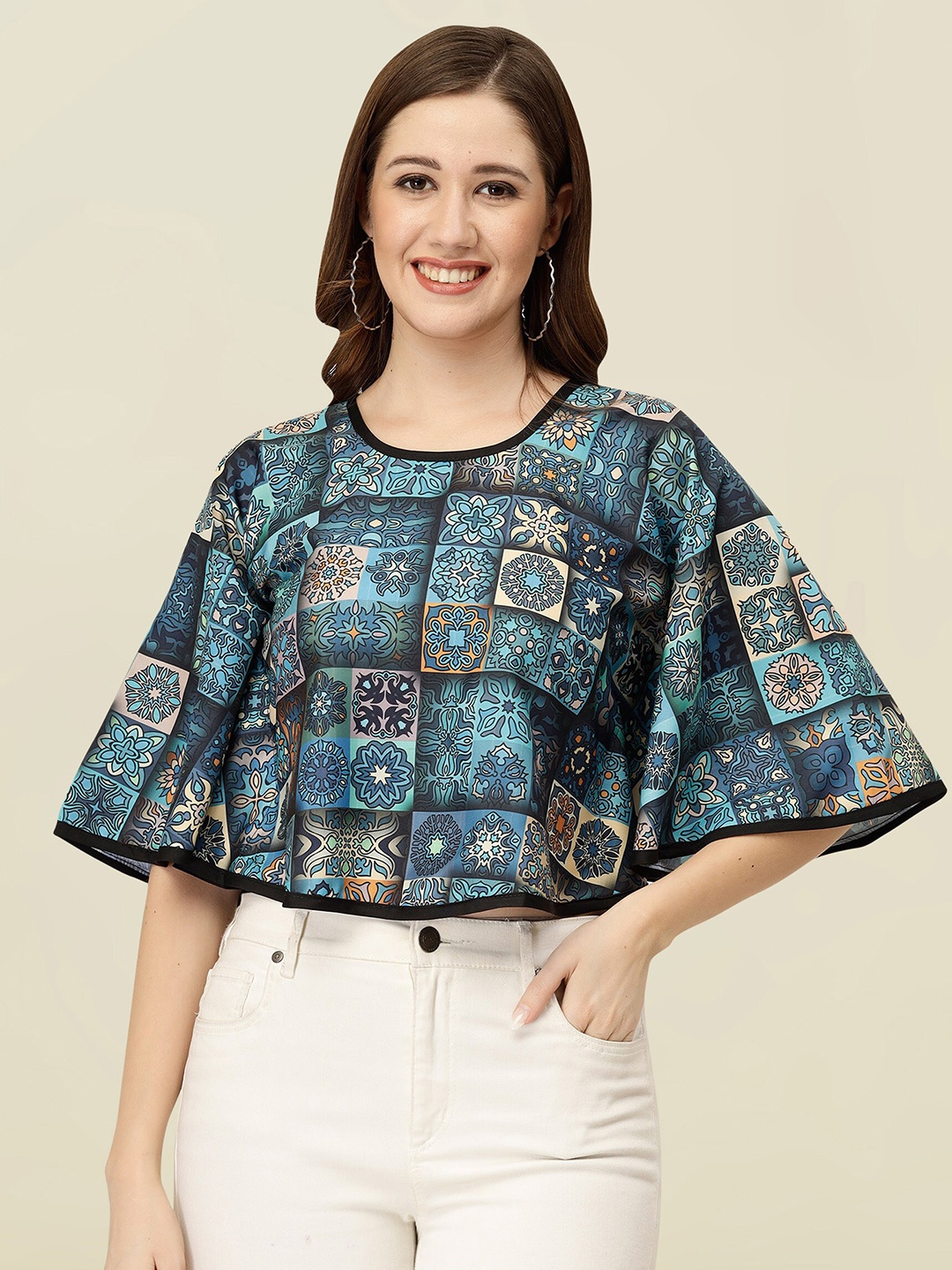 

MISS AYSE Printed Round Neck Flared Sleeve Applique Crop Top, Blue