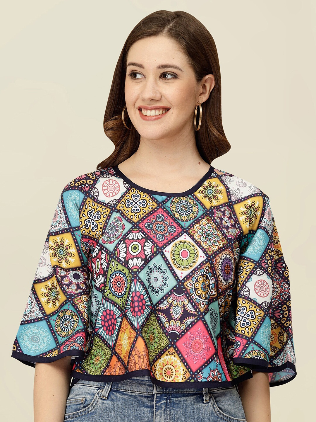 

MISS AYSE Geometric Printed Flared Sleeve Applique Top, Yellow
