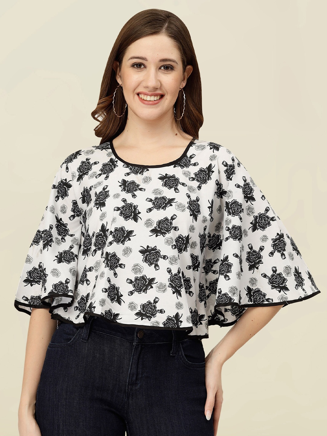 

MISS AYSE Floral Printed Flared Sleeve Top, Black
