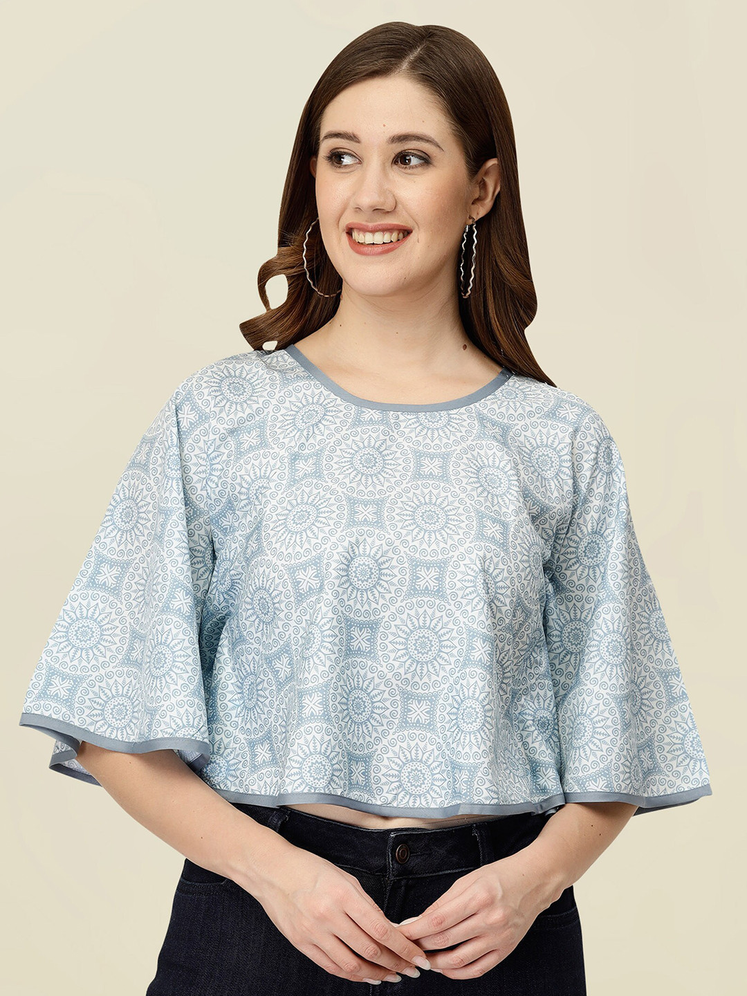 

MISS AYSE Printed Round Neck Flared Sleeve Applique Top, Multi