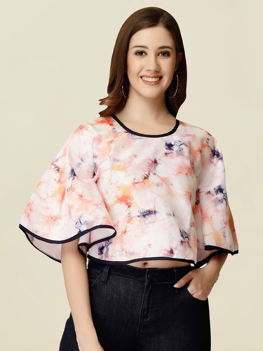 

MISS AYSE Printed Flared Sleeve Boxy Top, Peach