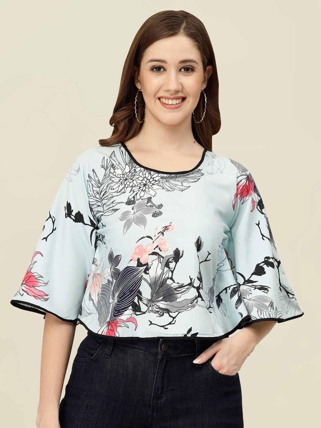 

MISS AYSE Floral Printed Bell Sleeve Top, Blue