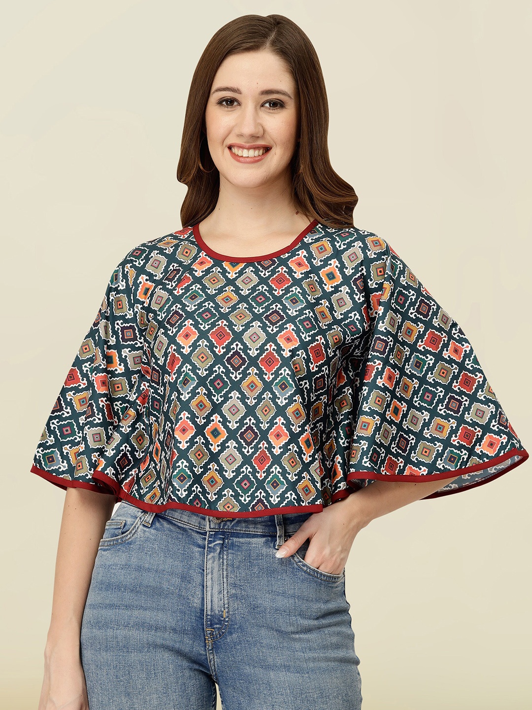 

MISS AYSE Geometric Printed Flared Sleeve Applique Top, Blue