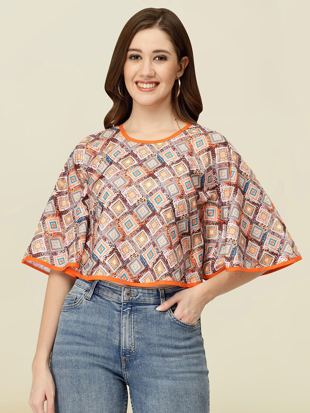 

MISS AYSE Ethnic Motifs Printed Round Neck Flared Sleeve Applique Casual Crop Top, Orange