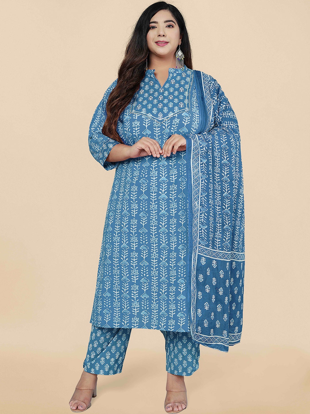 

KALINI Plus Size Floral Printed Gotta Patti Pure Cotton Kurta Set & With Dupatta, Turquoise blue