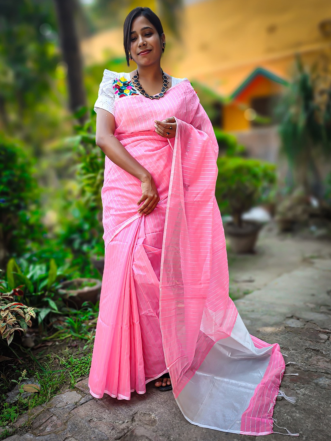 

SPAL FASHION Striped Silk Cotton Maheshwari Saree, Pink