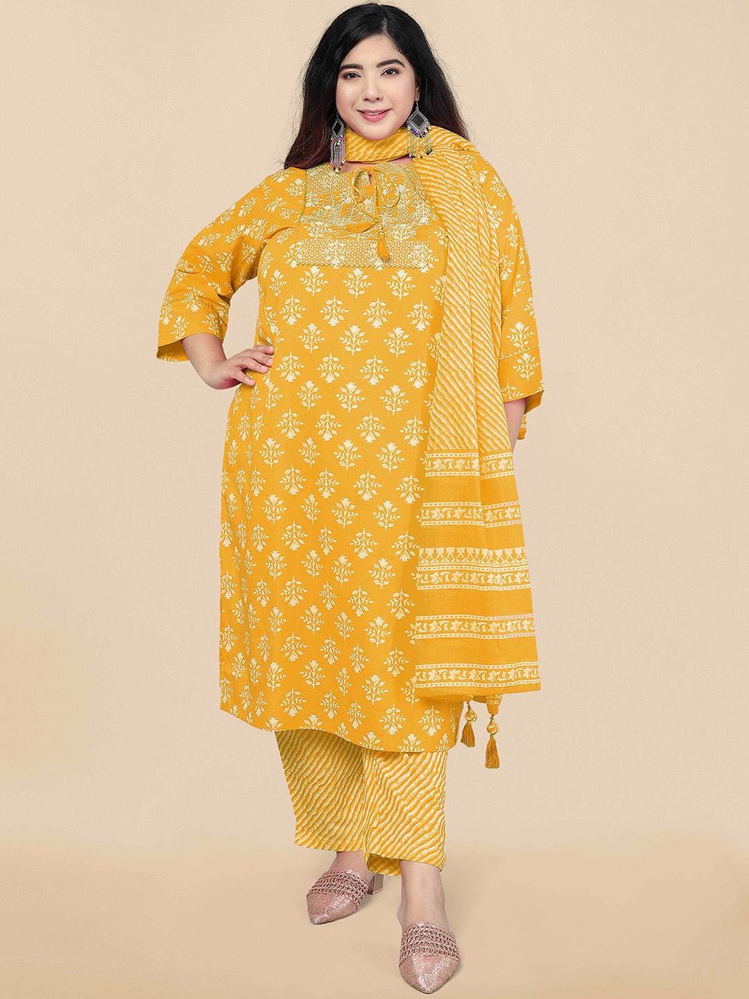 

KALINI Floral Printed Thread Work Pure Cotton Kurta & Trousers With Dupatta, Yellow