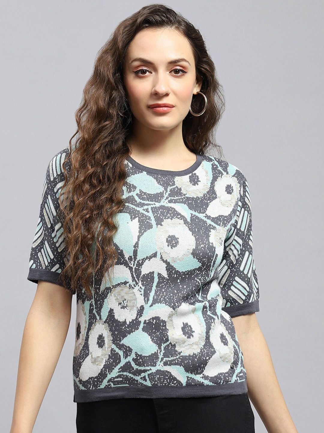 

Monte Carlo Floral Print Round Neck Cotton Top, Grey