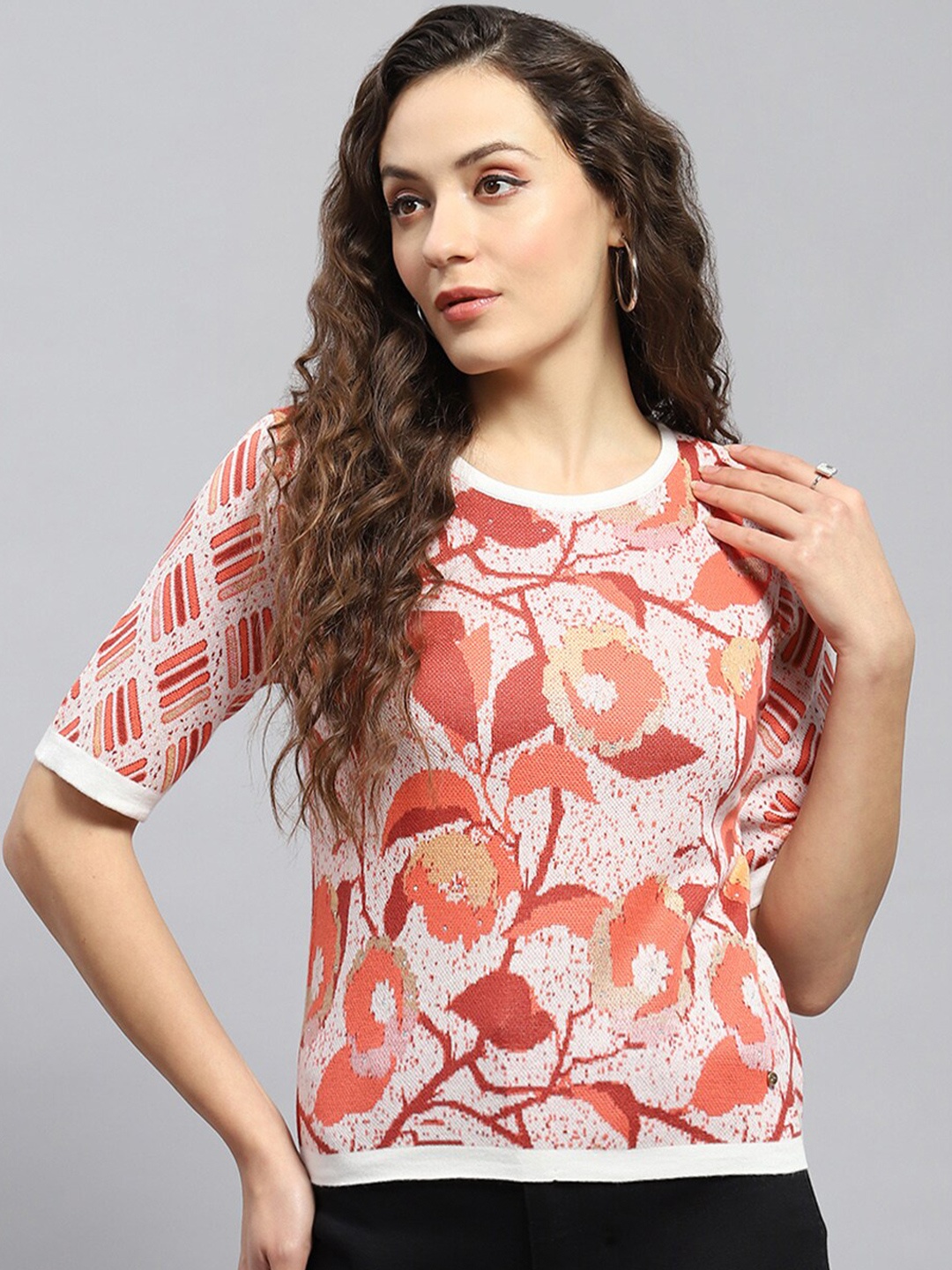 

Monte Carlo Floral Printed Round Neck Cotton Top, Rust