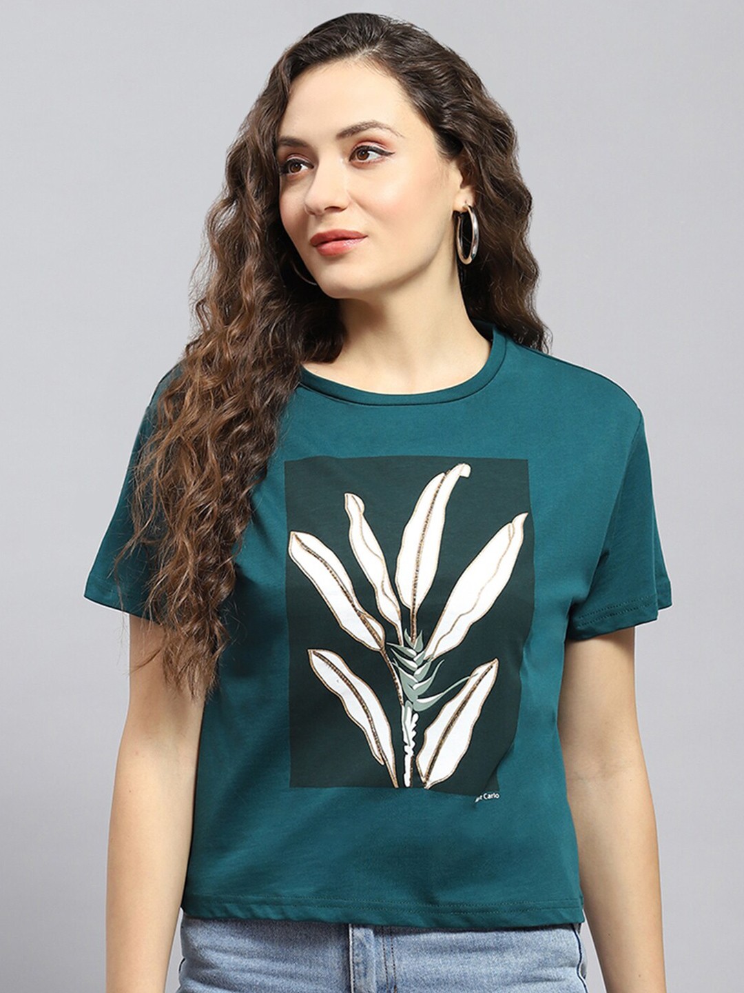 

Monte Carlo Graphic Print Round Neck Cotton Top, Teal