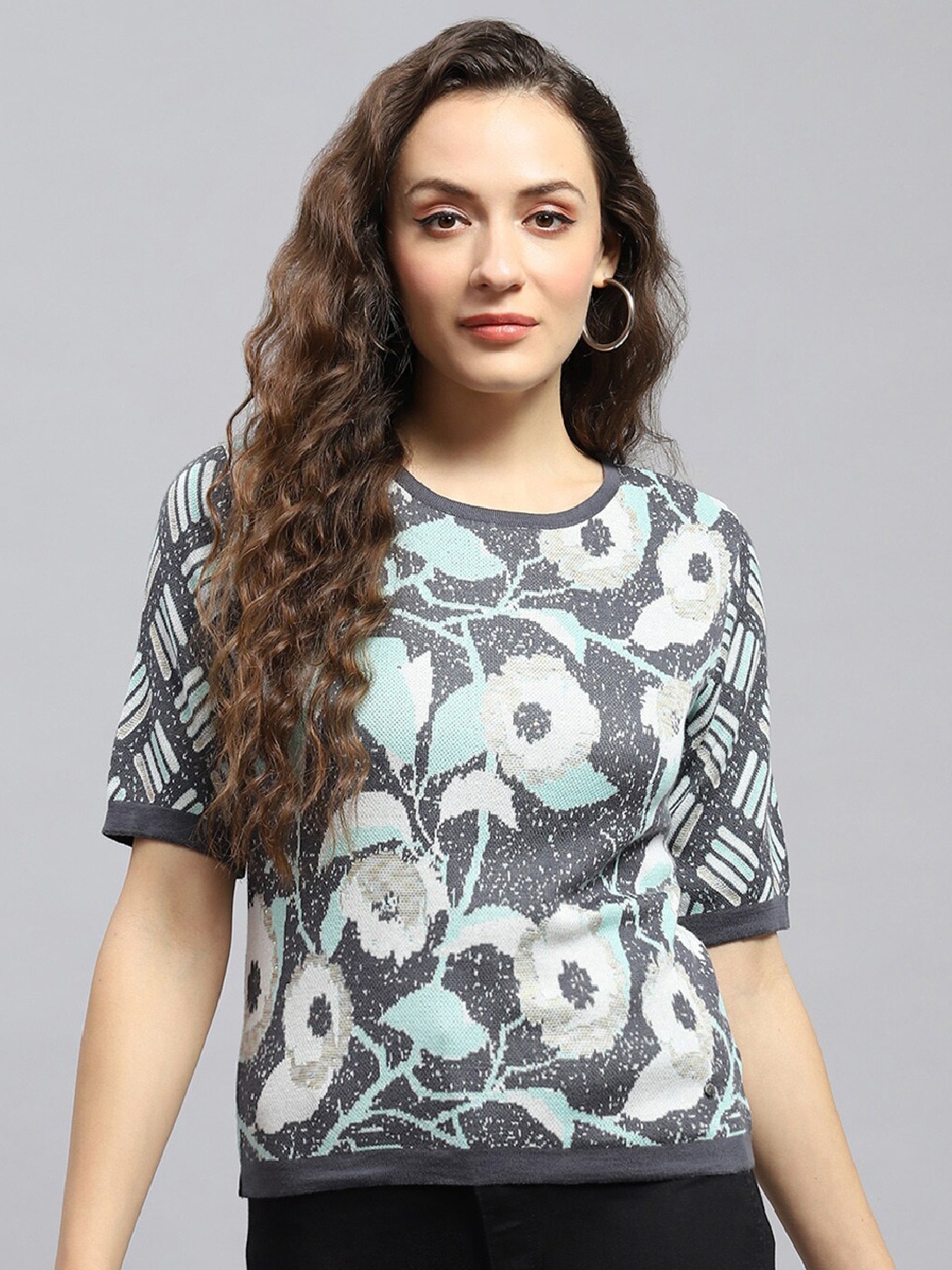 

Monte Carlo Floral Printed Round Neck Cotton Top, Grey