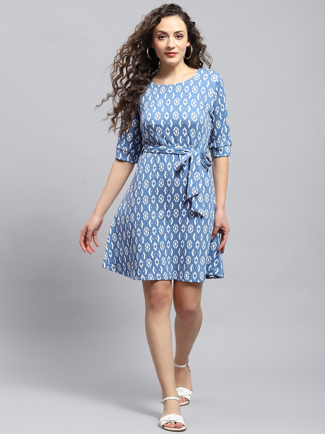 

Monte Carlo Ethnic Motifs Print Cotton Round Neck Fit & Flare Casual Dress, Blue