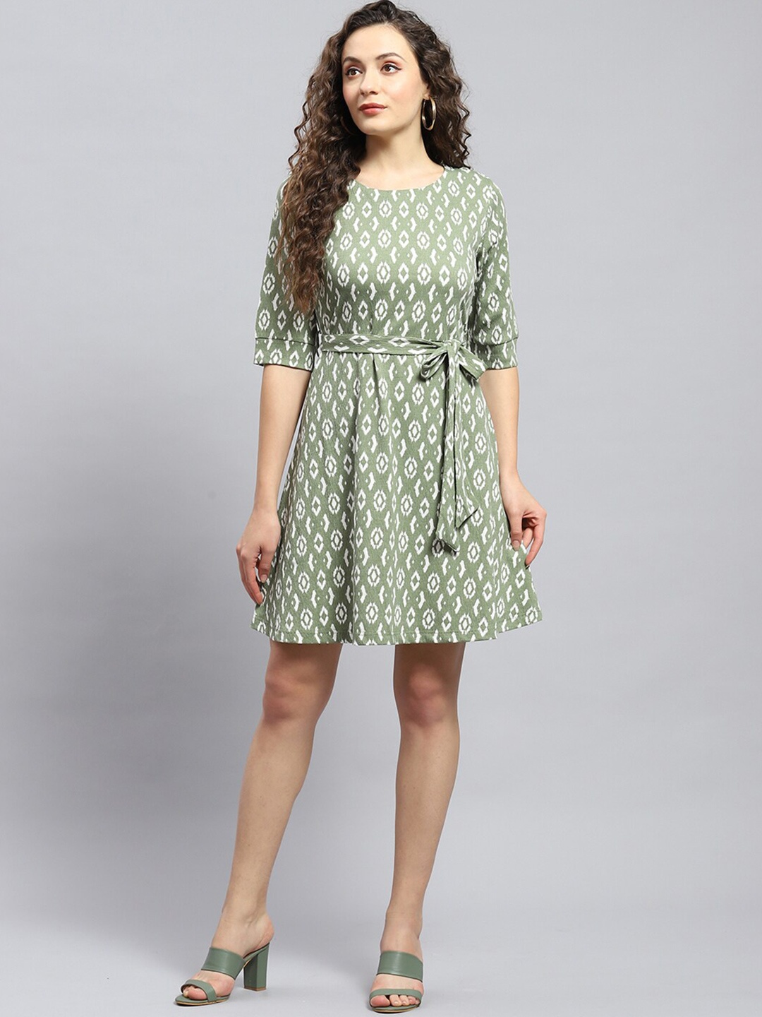 

Monte Carlo Ethnic Motifs Print Cotton Round Neck Fit & Flare Casual Dress, Green