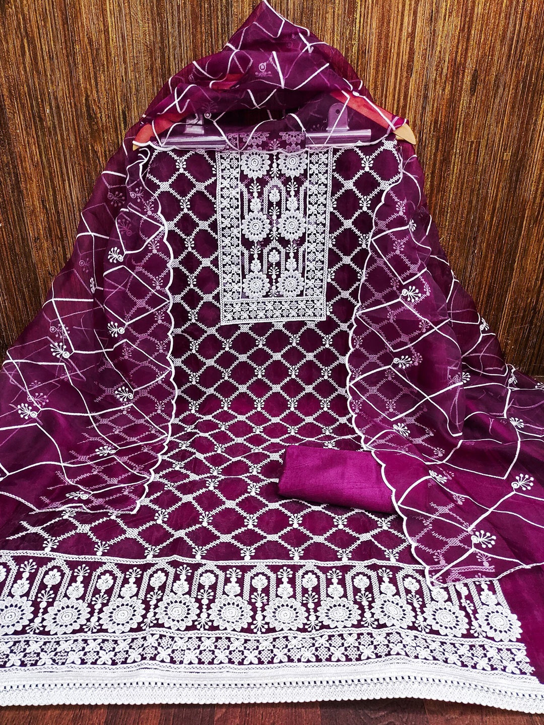 

LeeliPeeri Designer Ethnic Motifs Embroidered Organza Unstitched Dress Material, Burgundy