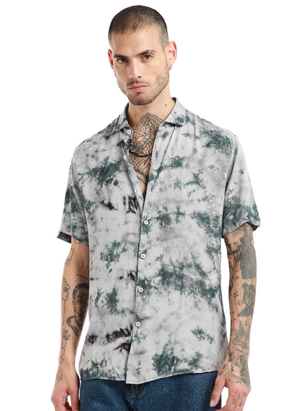 

Banana Club Slim Fit Tie & Dye Printed Spread Collar Short Sleeves Casual Shirt, Grey