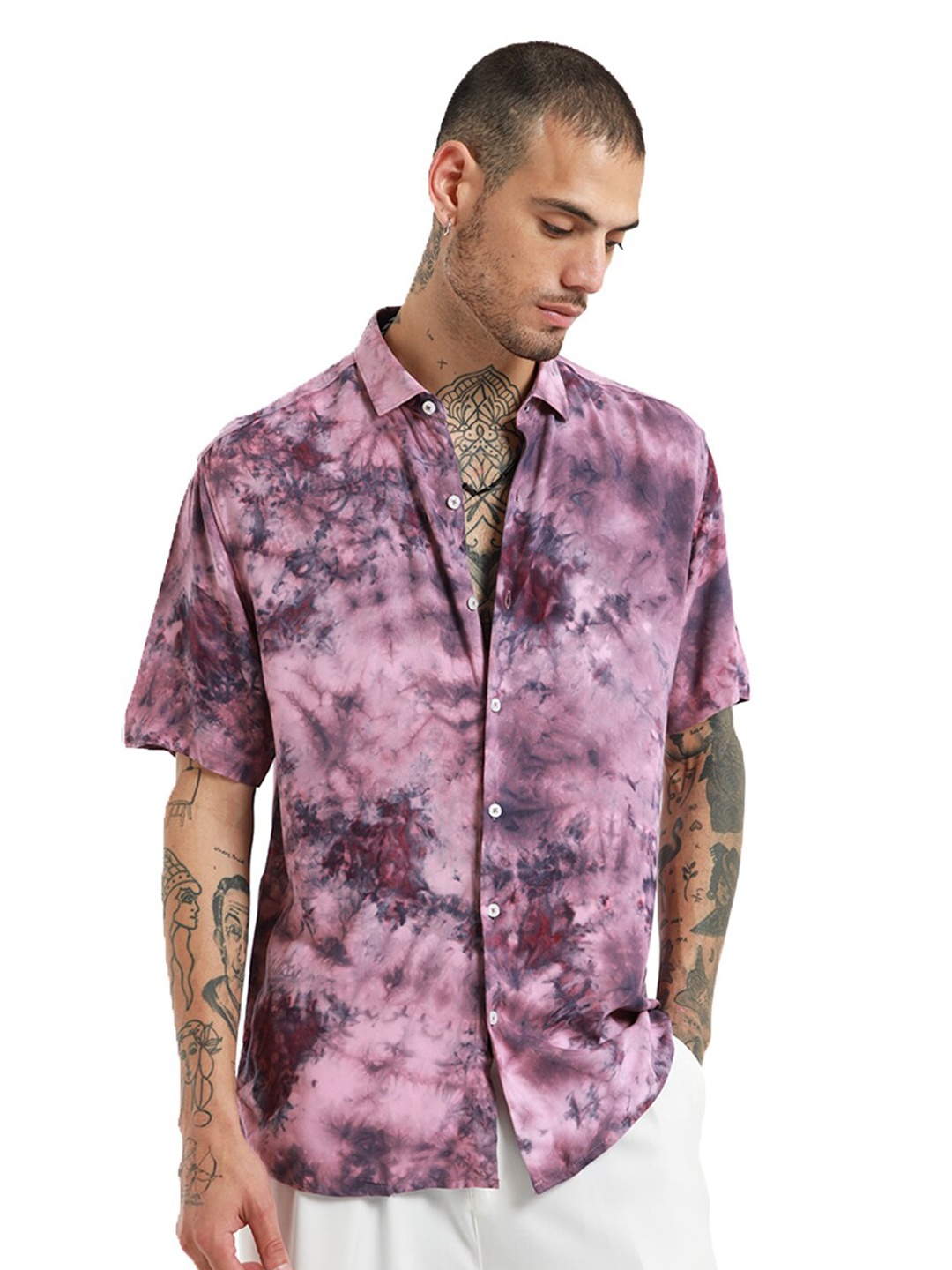 

Banana Club Slim Fit Tie & Dye Printed Spread Collar Short Sleeves Casual Shirt, Lavender