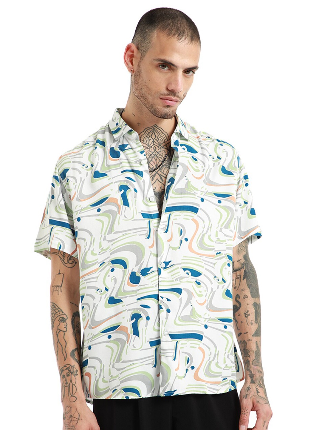 

Banana Club Slim Fit Abstract Printed Spread Collar Short Sleeves Casual Shirt, Green