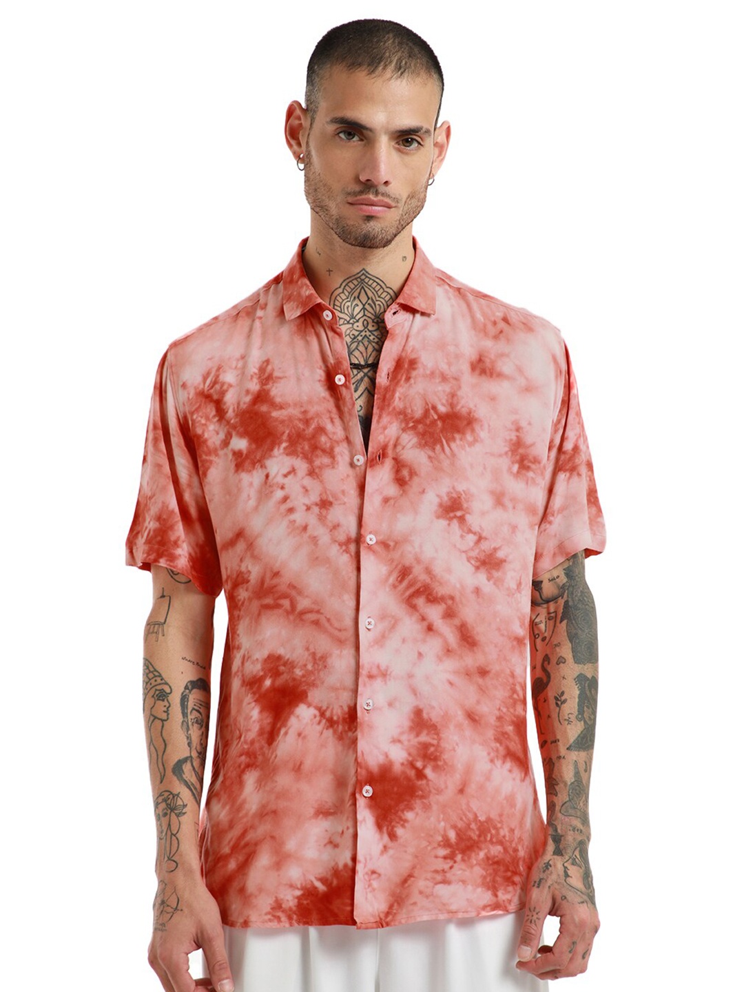 

Banana Club Slim Fit Tie & Dye Printed Spread Collar Short Sleeves Casual Shirt, Pink