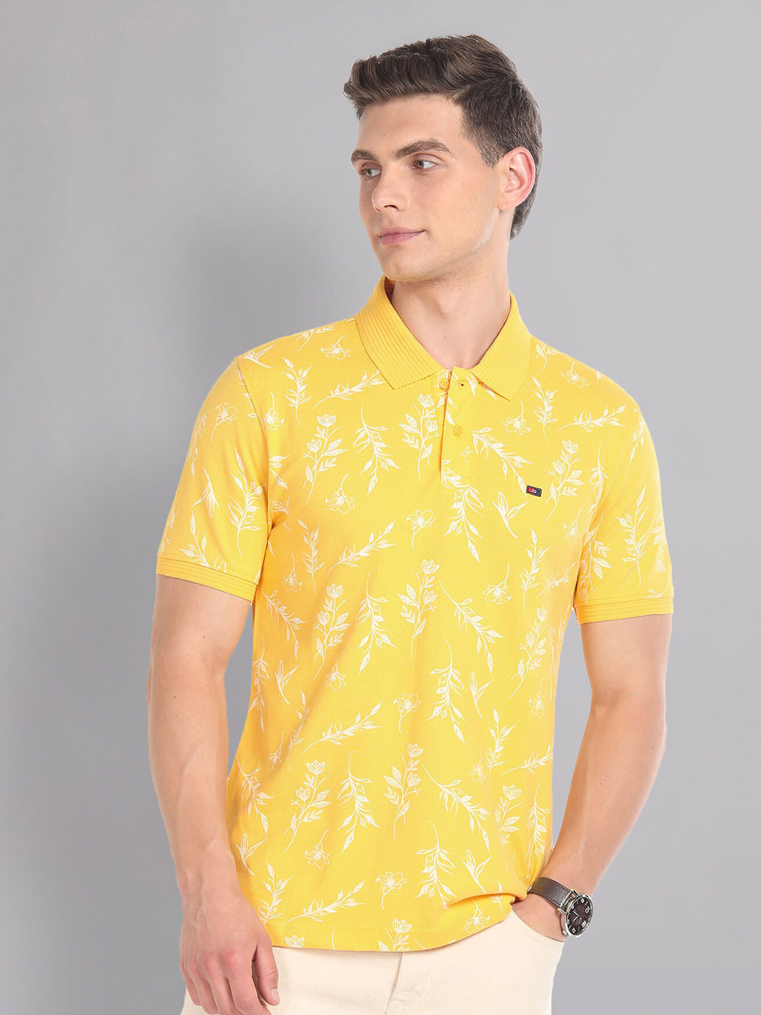 

AD By Arvind Floral Printed Polo Collar Short Sleeves Cotton Slim Fit T-shirt, Yellow